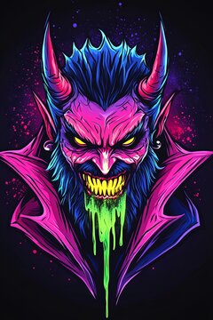 Neon demon head with horns, sharp teeth, and dripping slime.