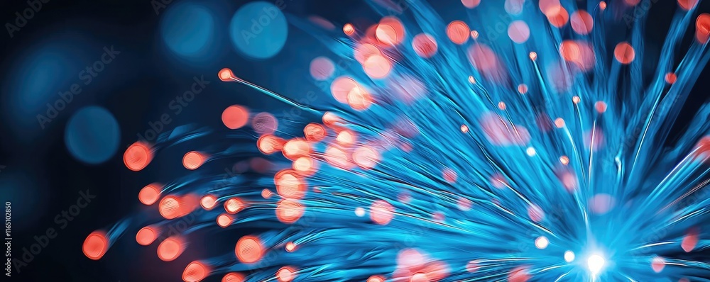 Poster Fireworks abstract background idea. Vibrant fiber optic light burst with colorful rays and soft bokeh effect on dark background.