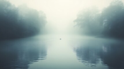 Fototapeta premium Solitary Boat on a Foggy River Between Trees