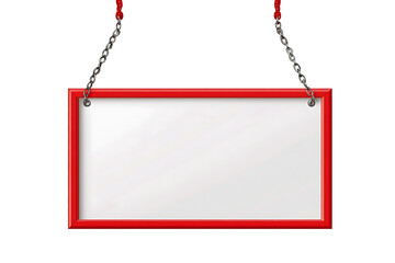 A blank white hanging sign with a red frame, suspended on chains, against, isolated on a transparent background.