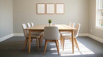 Sunlight streaming into modern office with empty table and collaborative seating
