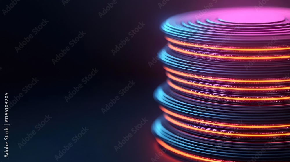 Poster Circles abstract background concept. Colorful abstract design featuring illuminated stacked disks on a dark background.