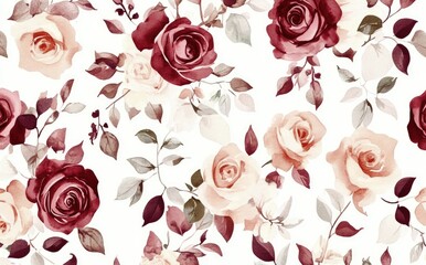 A seamless pattern with watercolor rose flowers in blush and burgundy, their soft hues evoking romanticism, on a white background with beautiful details.