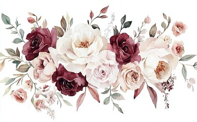 Watercolor floral pattern, vintage style, soft colors, cream, blush pink, burgundy, and beige roses, peonies, and foliage on a white background