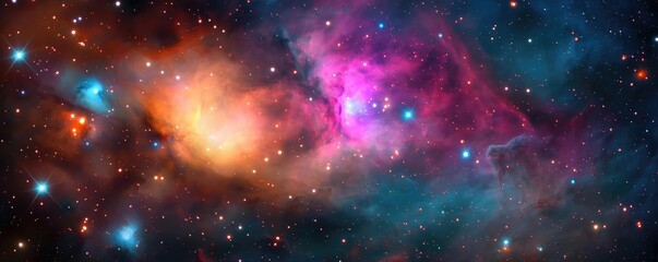 Fototapeta premium Cosmic abstract background idea. Vibrant cosmic nebula with colorful gas clouds and shimmering stars in deep space.