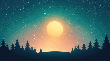 Naklejka premium Cosmic abstract background idea. A tranquil forest landscape under a starry sky with a glowing sun setting.