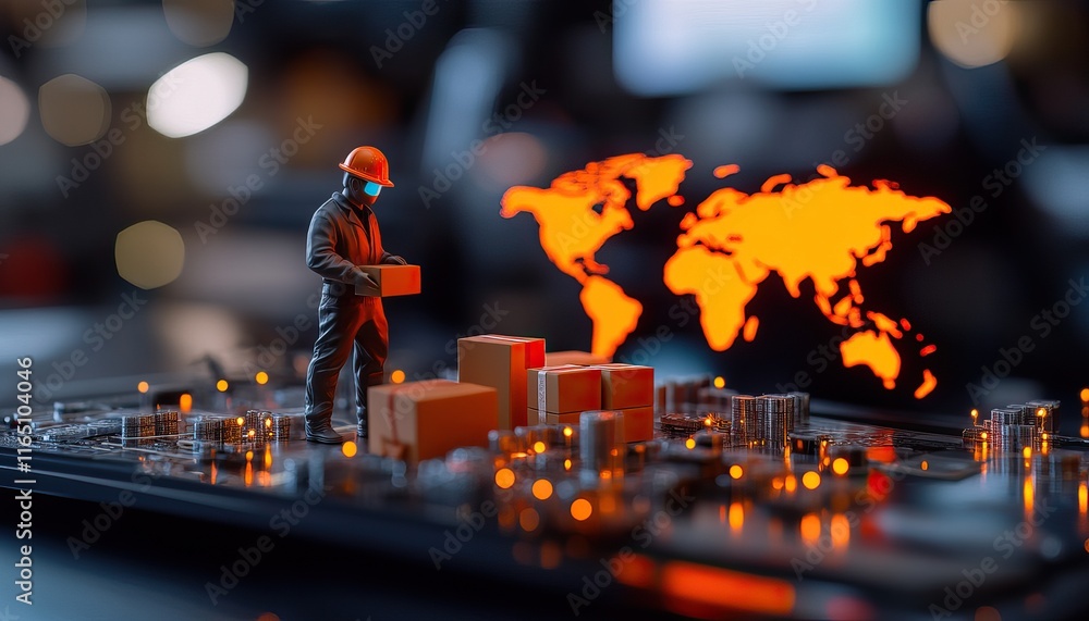 Poster a miniature figure handling packages on a circuit board with a glowing world map, symbolizing logist