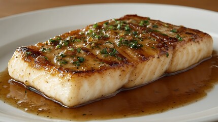 Grilled fish fillet with garlic herb sauce on a white plate.
