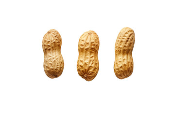 Three whole peanuts in shells from flat lay view isolated on transparent background.