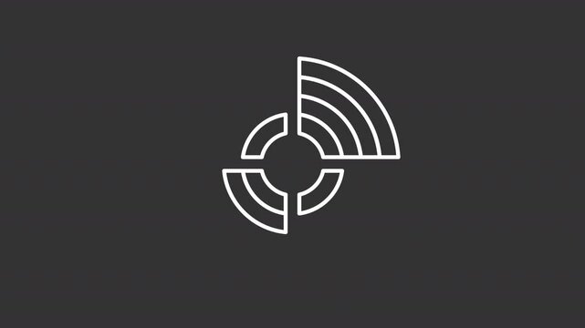 Animated radial diagram white icon. Round chart with bouncing segments line animation. Data presentation diagram. Isolated illustration on dark background. Transition alpha video. Motion graphic