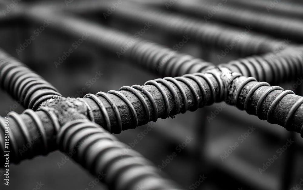Poster a close-up of metal rebar, showcasing its textured surface and intersecting pattern, often used in c