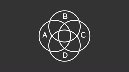 Animated venn diagram white icon. Overlapping circles with letters line animation. Marketing research for business. Isolated illustration on dark background. Transition alpha video. Motion graphic