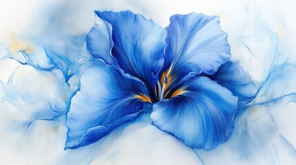 Abstract blue flower painting with flowing ink design, showcasing delicate petals and vibrant hues on a white background.