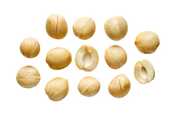Assorted shelled macadamia nuts arranged from top view isolated on transparent background.