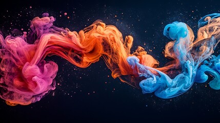 Abstract colorful ink swirls in water, vibrant hues on dark background.