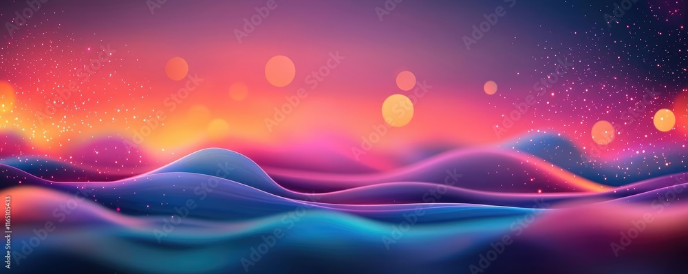 Poster Cosmic abstract background idea. Vibrant abstract landscape featuring colorful waves and glowing orbs against a dreamy backdrop.