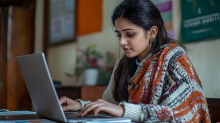 Focused Young Woman Typing on Laptop in Cozy Workspace