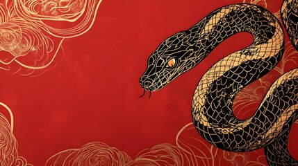 Obraz premium Elegant snake silhouette Chinese New Year of the Snake 2025 banner, elegant black and gold snake silhouette with red background, subtle traditional elements