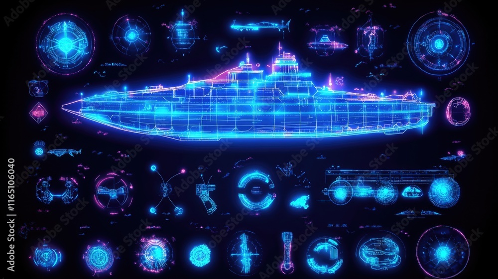 Poster futuristic blueprint of high-tech submarine with technical interface and diagrams