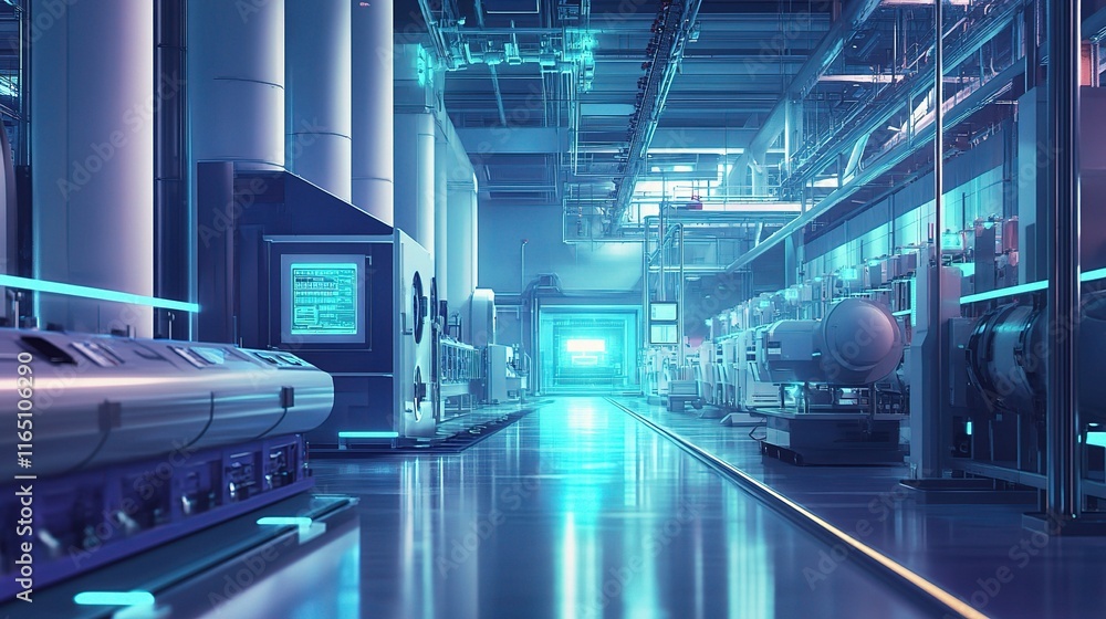 Poster high-tech factory floor with automated systems and monitoring equipment