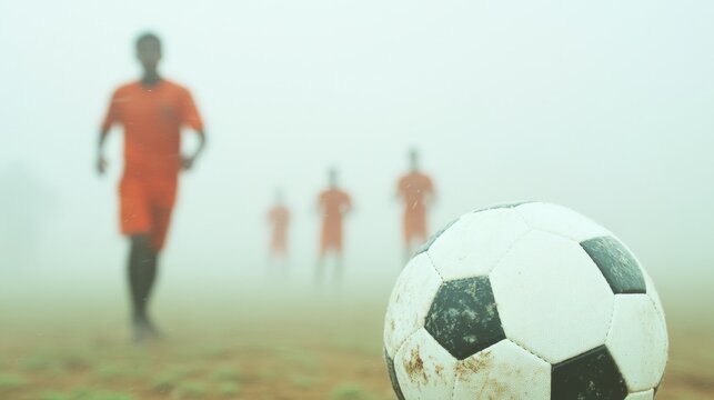 Focused Young Athlete Dribbling Soccer Ball on Foggy Winter Morning