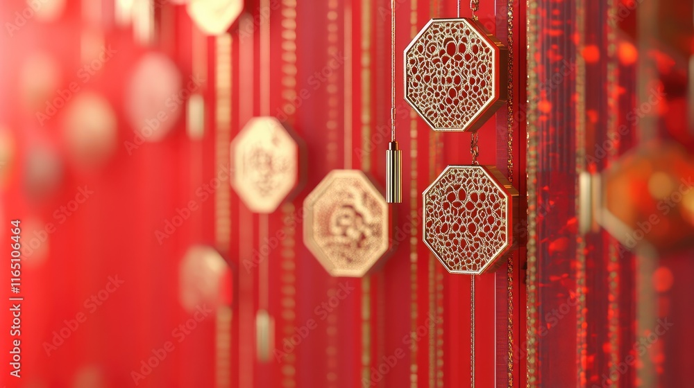 Poster contemporary chinese new year theme with hexagonal gold patterns and red gradients in a sleek design
