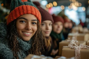 Diverse Group of Volunteers Preparing Holiday Care Packages with Warm Smiles and Pastel Aesthetic