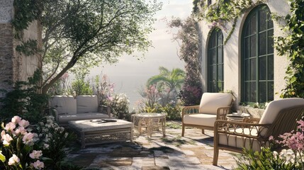 Obraz premium A serene, elegant patio setting amidst lush surroundings, featuring soft pastel shades and sun-drenched tranquility.