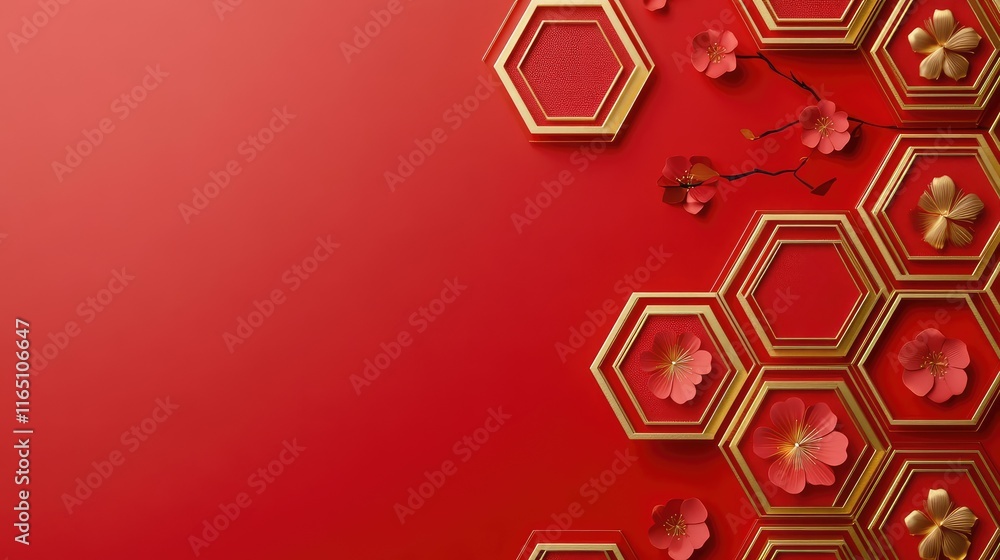 Fototapete Contemporary Chinese New Year theme with hexagonal gold patterns and red gradients in a sleek design.
