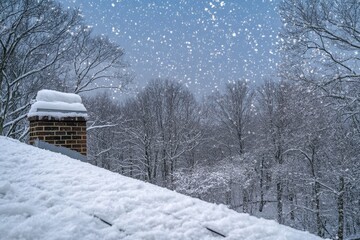 Naklejka premium Snowfall Blankets the Landscape While Winter Settles in a Quiet Wooded Area