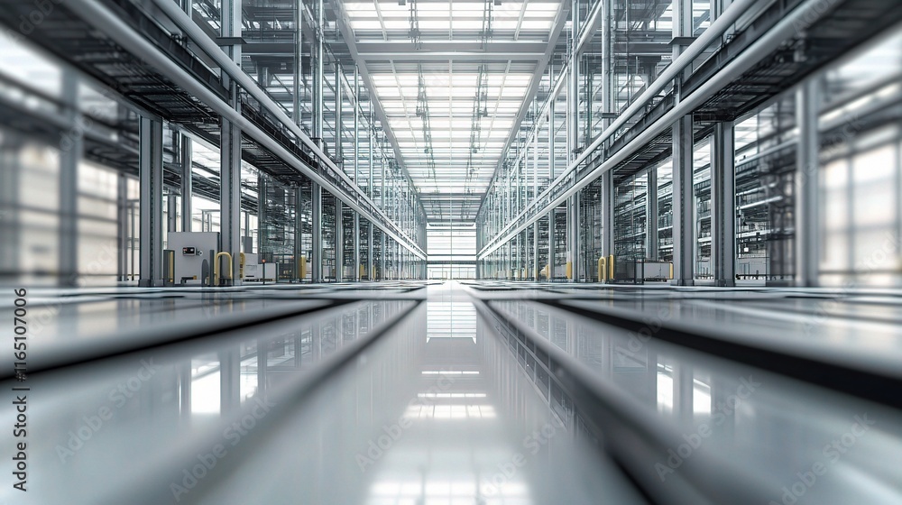 Poster innovative automated material handling in high-tech warehouse environment