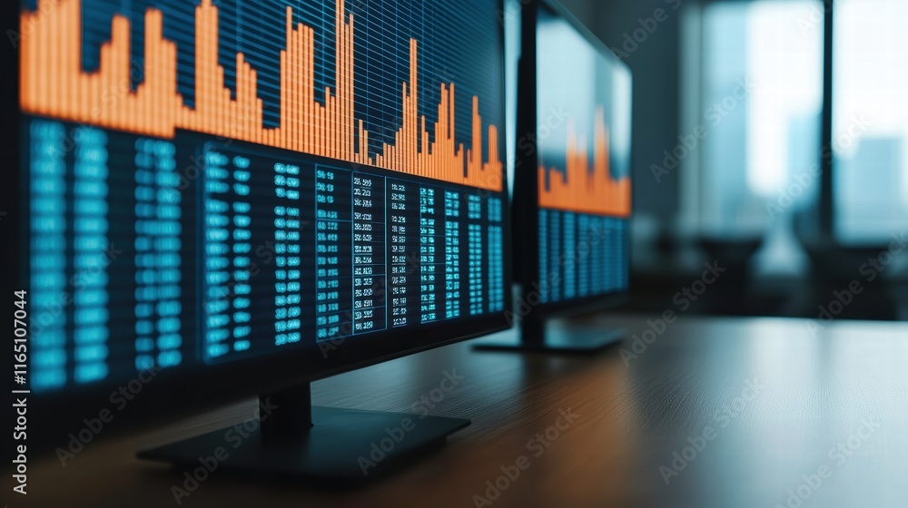 Poster Large touchscreen displays showing financial data in a modern office