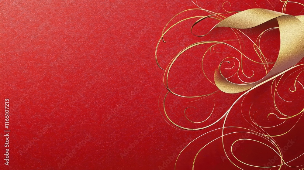 Fototapete contemporary red envelope design with abstract gold swirls and textured red background, reflecting e