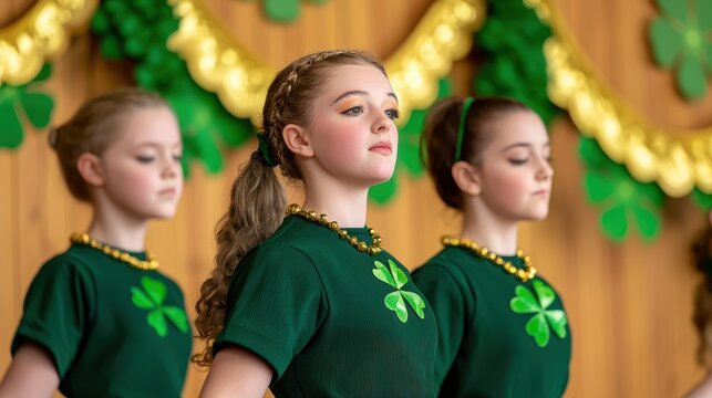 St. Patrick's Day Festival Concept, Young Irish Step Dancers Performing Gracefully on a Wooden Stage with Green Decorations