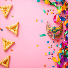 Purim holiday background with hamantaschen cookies, confetti, and mask on pink surface. 