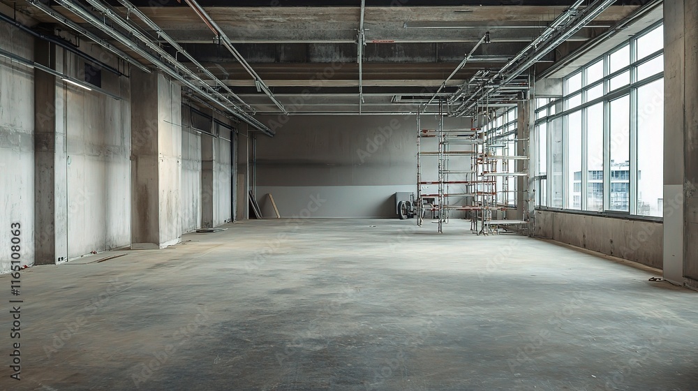 Poster empty construction site with scaffolding and machinery inside