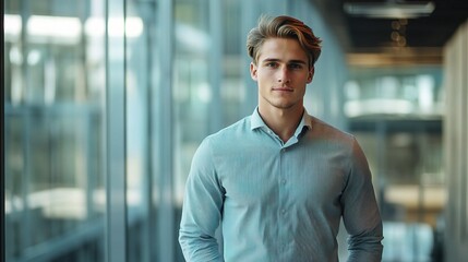 Obraz premium Confident Young Businessman Posing in Modern Office Environment