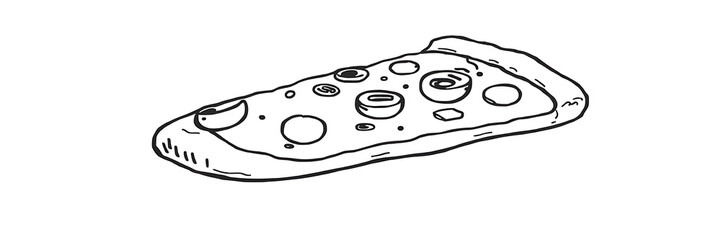 A thick-lined doodle of a pizza slice with visible toppings like mushrooms and olives, drawn in bold outlines with no fill color, on a plain white background.


