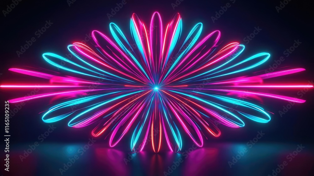 Poster fireworks abstract background idea. vivid neon light design creating a stunning flower shape for dig