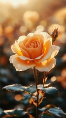 Close-up of a single peach-colored rose in bloom, backlit by the setting sun.  Soft focus on background roses and green foliage.