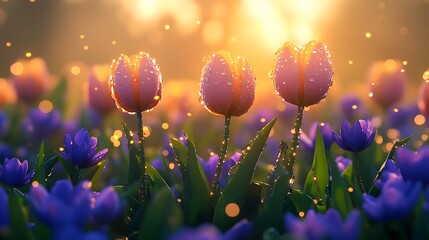 Dew-covered evergreen foliage surrounded by violet and tulip blooms, golden hour sunlight creating a warm glow, crisp textures and vibrant colors capturing a serene spring morning, highly detailed,