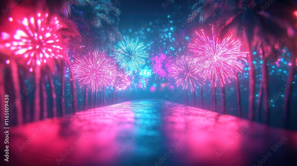 Poster fireworks abstract background idea. vibrant fireworks illuminate a serene landscape, reflecting joy 