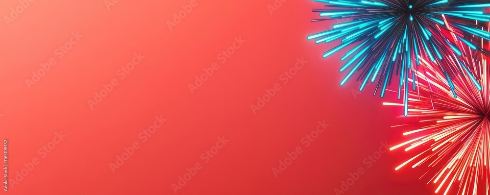 Poster fireworks abstract background idea. vibrant celebration with colorful fireworks against a red backgr