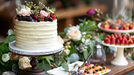 A buffet table adorned for an upcoming festivity features a buttercream cake
