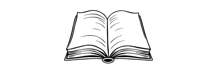 A thick-lined doodle of a book with visible pages and an open cover, drawn in bold outlines with no fill color, on a plain white background.

