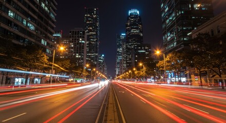 Fototapeta premium Vibrant urban nightlife: busy city street with light trails and skyscrapers