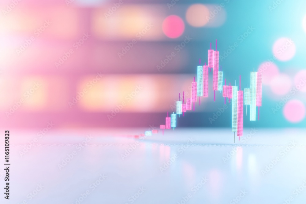 Poster dynamic stock graph over pastel background illustrating financial growth and volatility