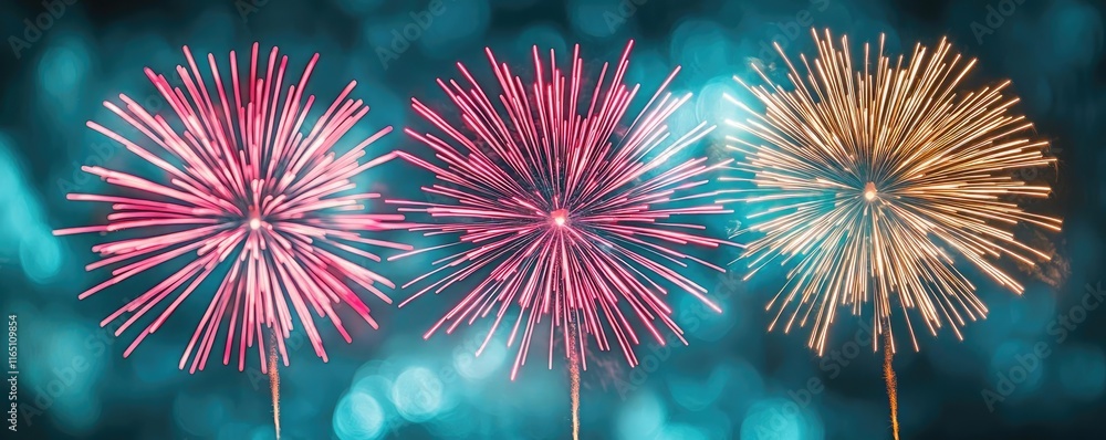Poster Fireworks abstract background idea. Vibrant fireworks illuminate the night sky in a dazzling display of color and light.