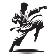 Karate Silhouette Vector Illustration, Solid White Background.