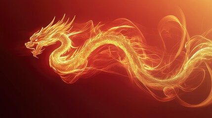 Obraz premium Dragon silhouette formed with dynamic golden flames over a deep red abstract gradient.